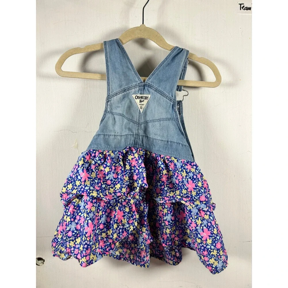OshKosh B'gosh Overall Dress 2T‎ Blue Denim Floral Tiered Ruffle Girls